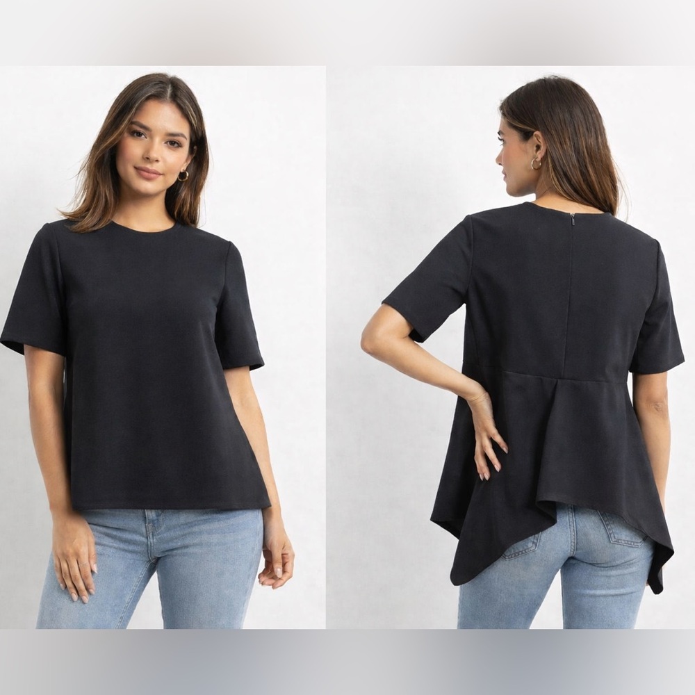 Gracia Black Crepe Asymmetric Hem Short Sleeve Top Sz. S